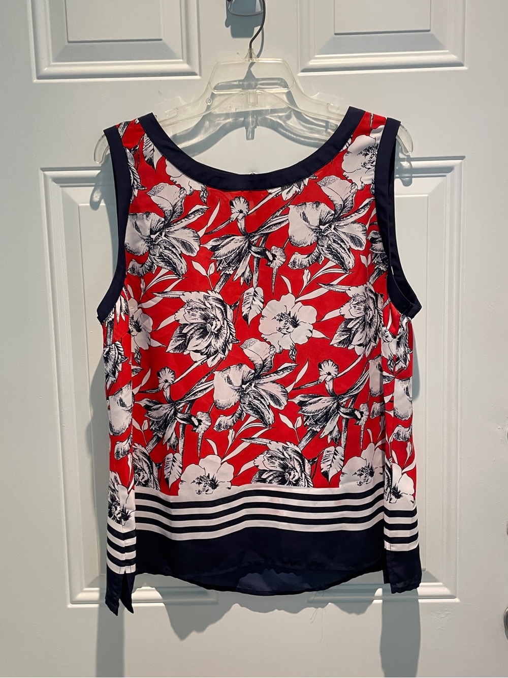 Liz Claiborne Red White Blue Floral Stripe Boatneck Sleeveless Top Size XL